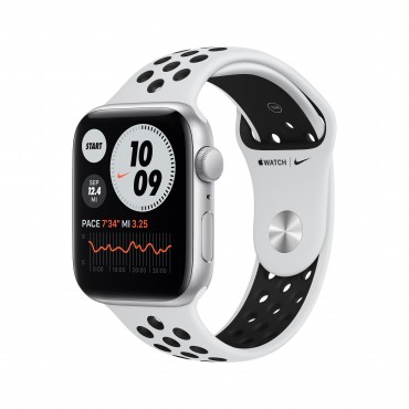 Apple Watch Nike SE 2021 GPS, 44mm Silver Aluminium Case with Pure Platinum/Black Nike Sport Band - Regular